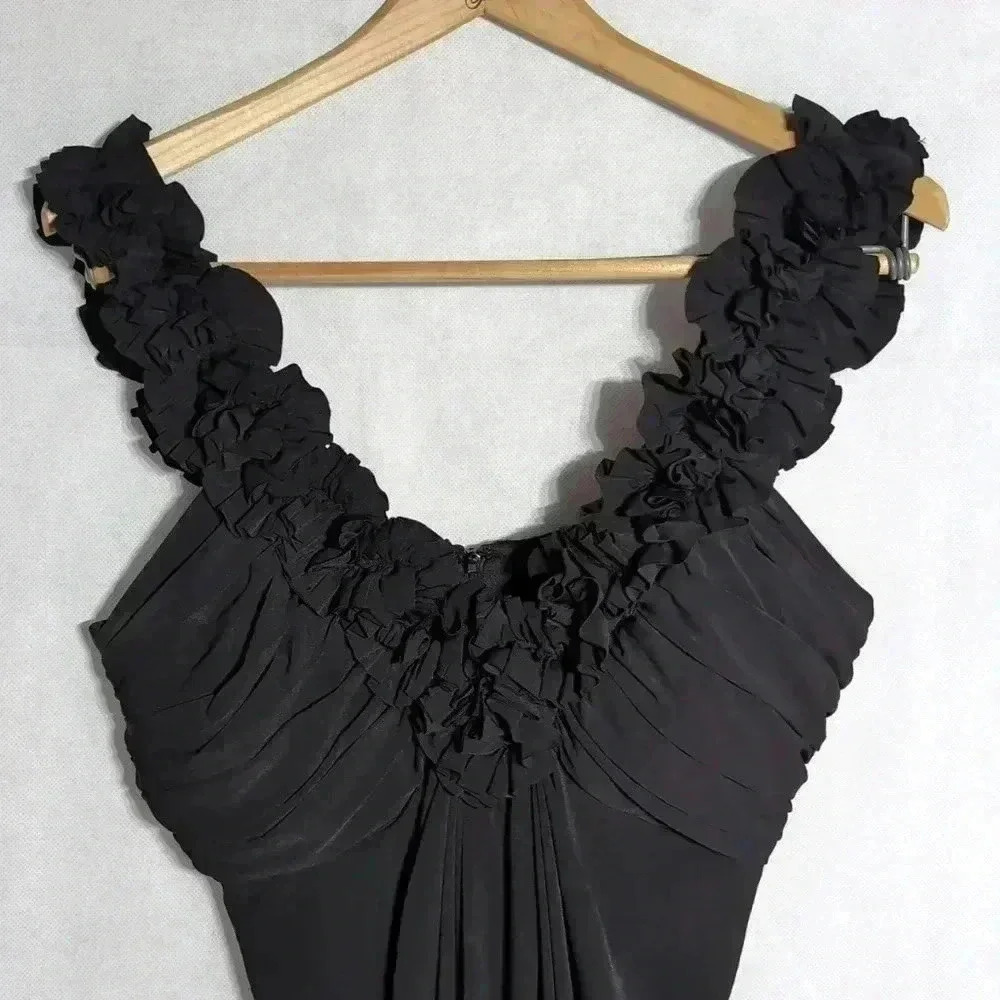 Black Party Dress Ruffled Straps Sheath mini sz 12 - Picture 2 of 4